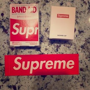 Supreme band aids, shower cap, and sticker